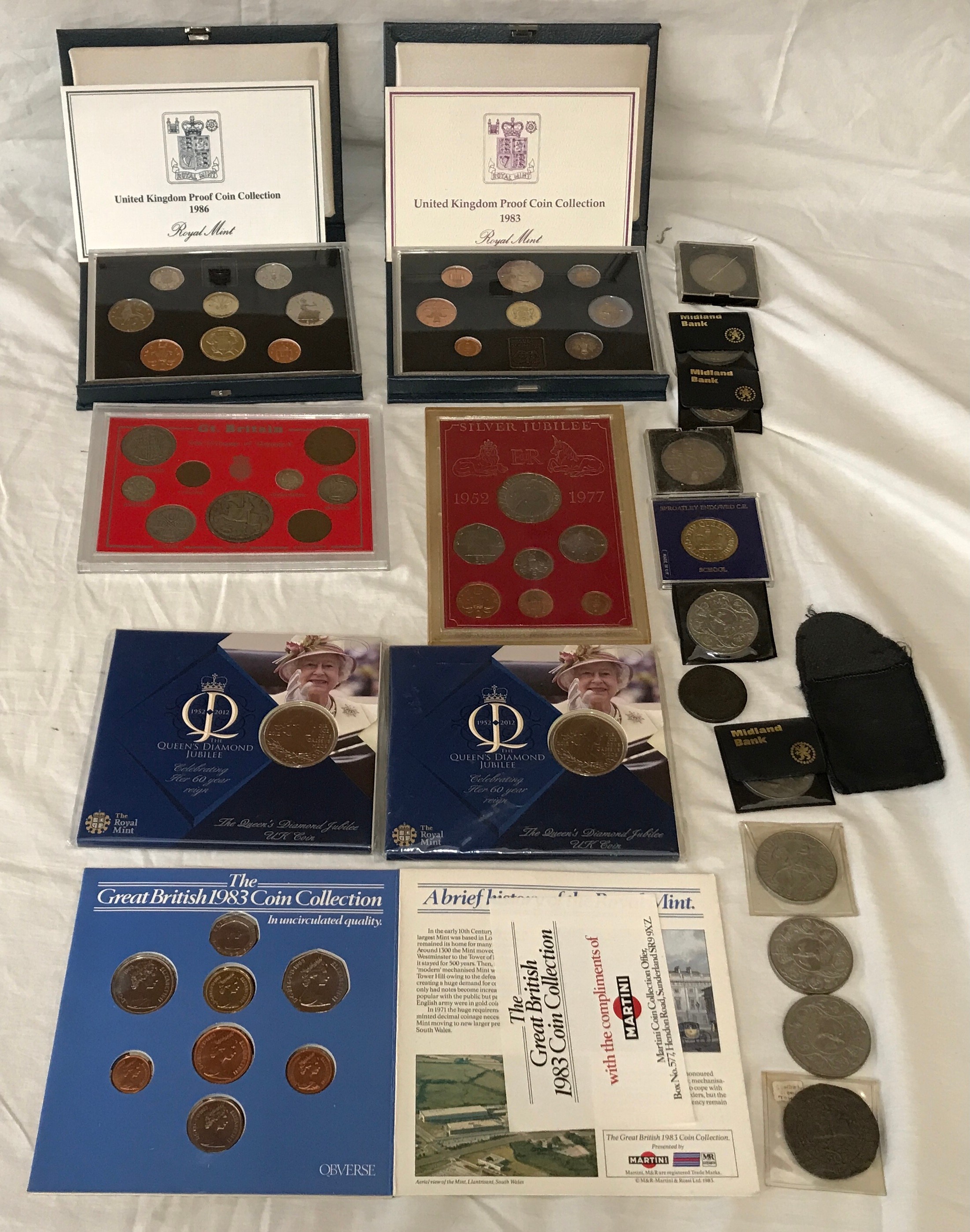 British coinage collection: Proof coins 1986, 1983,1977, George V coinage Queens Diamond Jubilee