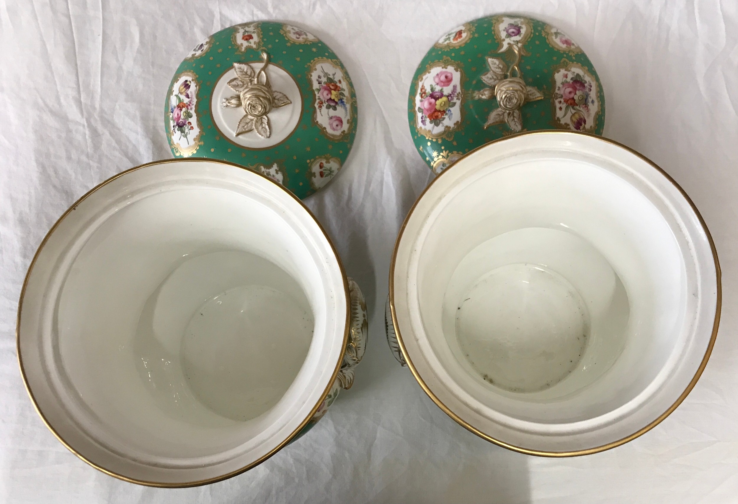 A pair of large 19thC continental ice pails with floral panels on a emerald green and gold - Image 4 of 6