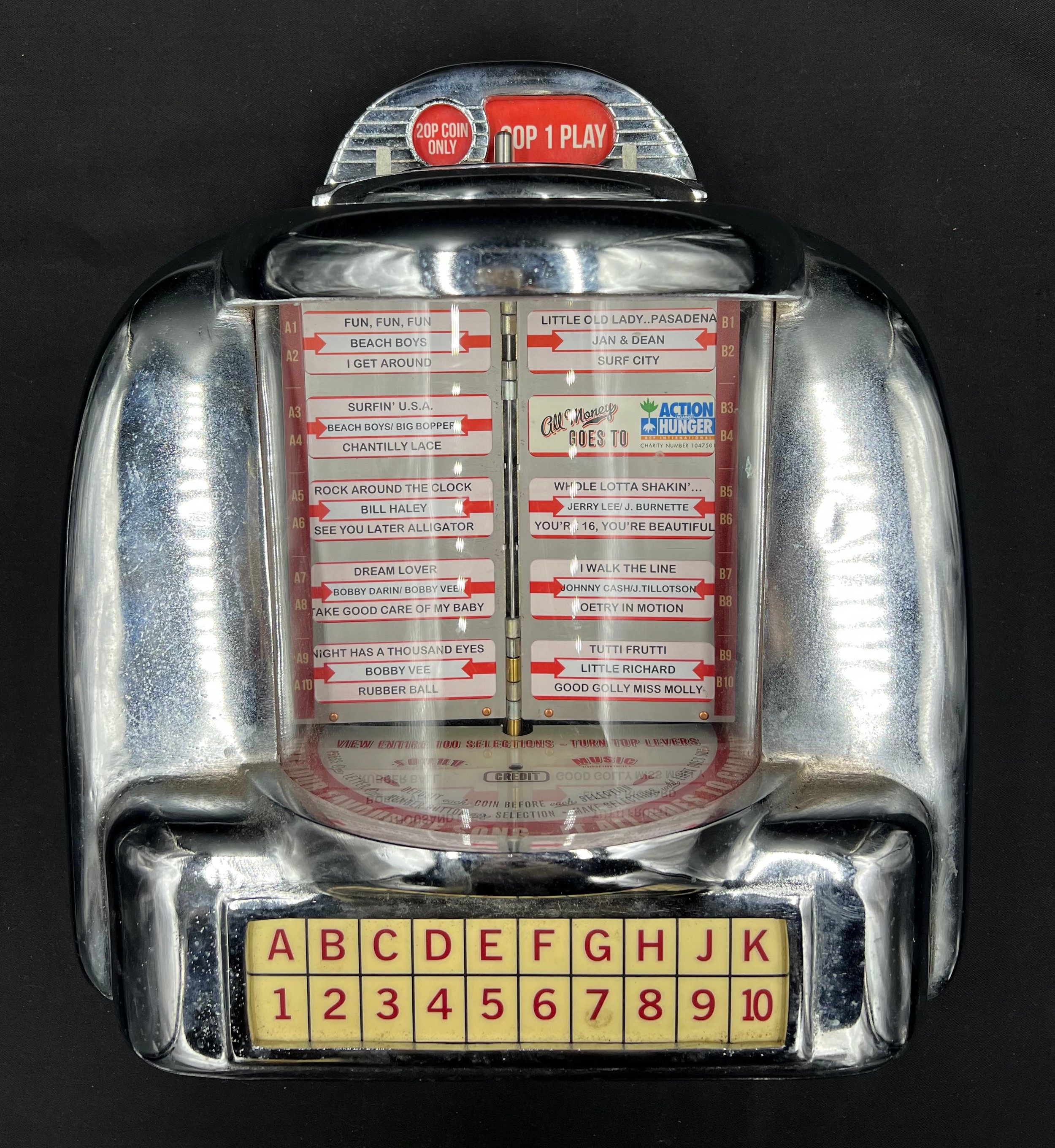 A miniature coin operated wall mounted chrome jukebox. 35cm h x 31cm w.