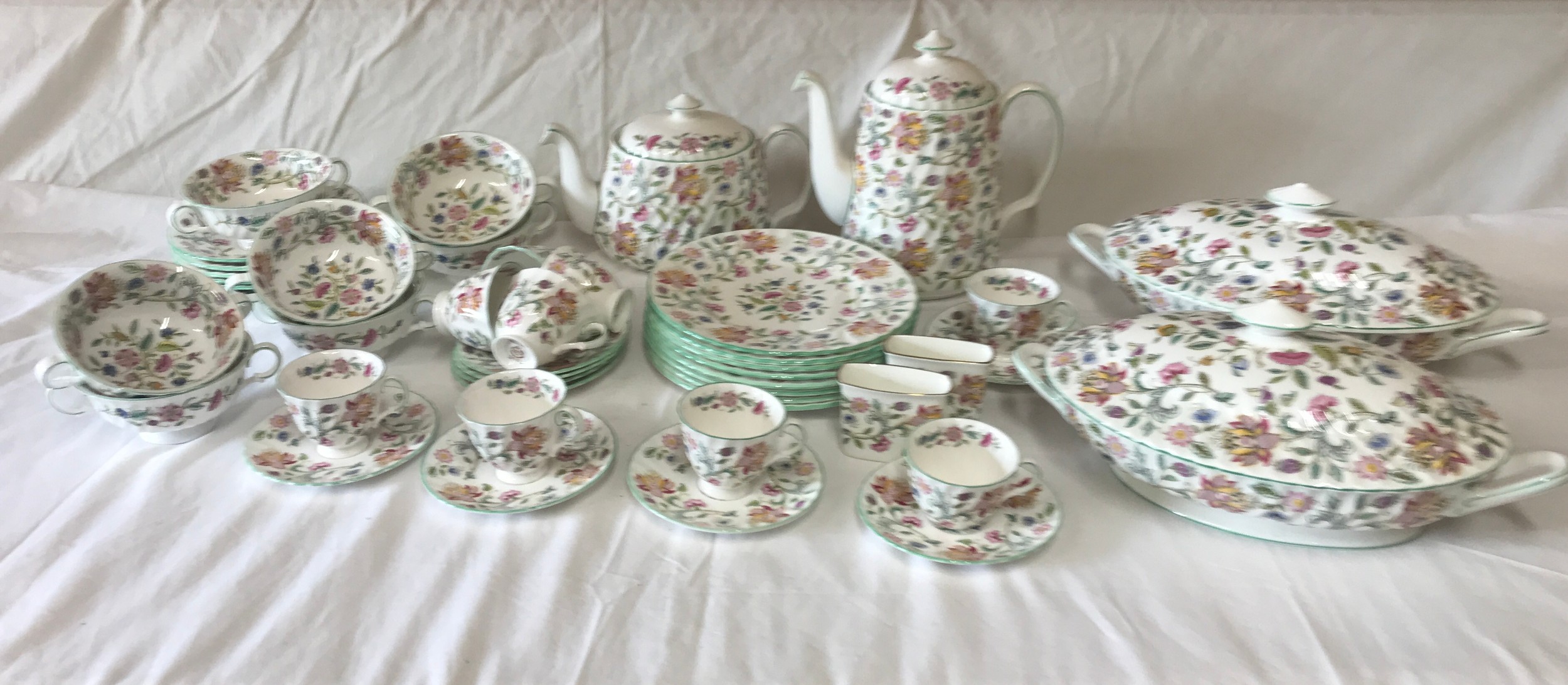 A Minton bone china part dinner/tea service comprising 2 x large tureens with lids 34cm w, 7 x