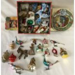 Collection of vintage, ornate Christmas decorations. Majority glass, two wooden ornaments and two