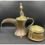 Middle Eastern copper and brass coffee/ritual water pot with pricked foliate decoration band to