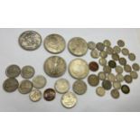 Coins to include British, American and European, 1890 Crown, Dollars etc.