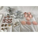 Selection of children's toy part tea sets to include Tom & Jerry 4 piece, dolls house sets, red