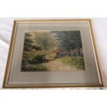 A W Lawrence painting of Country Cottage scene, signed L.R. Picture size 25 h x 34cm w, frame 42 h x