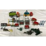 Dinky diecast garden equipment, grass cutters, rollers, wheelbarrows, sack barrows, Dinky Johnston