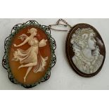 Two shell cameo brooches including one with 9ct gold surround 3 x 2.5cm.Condition ReportGood