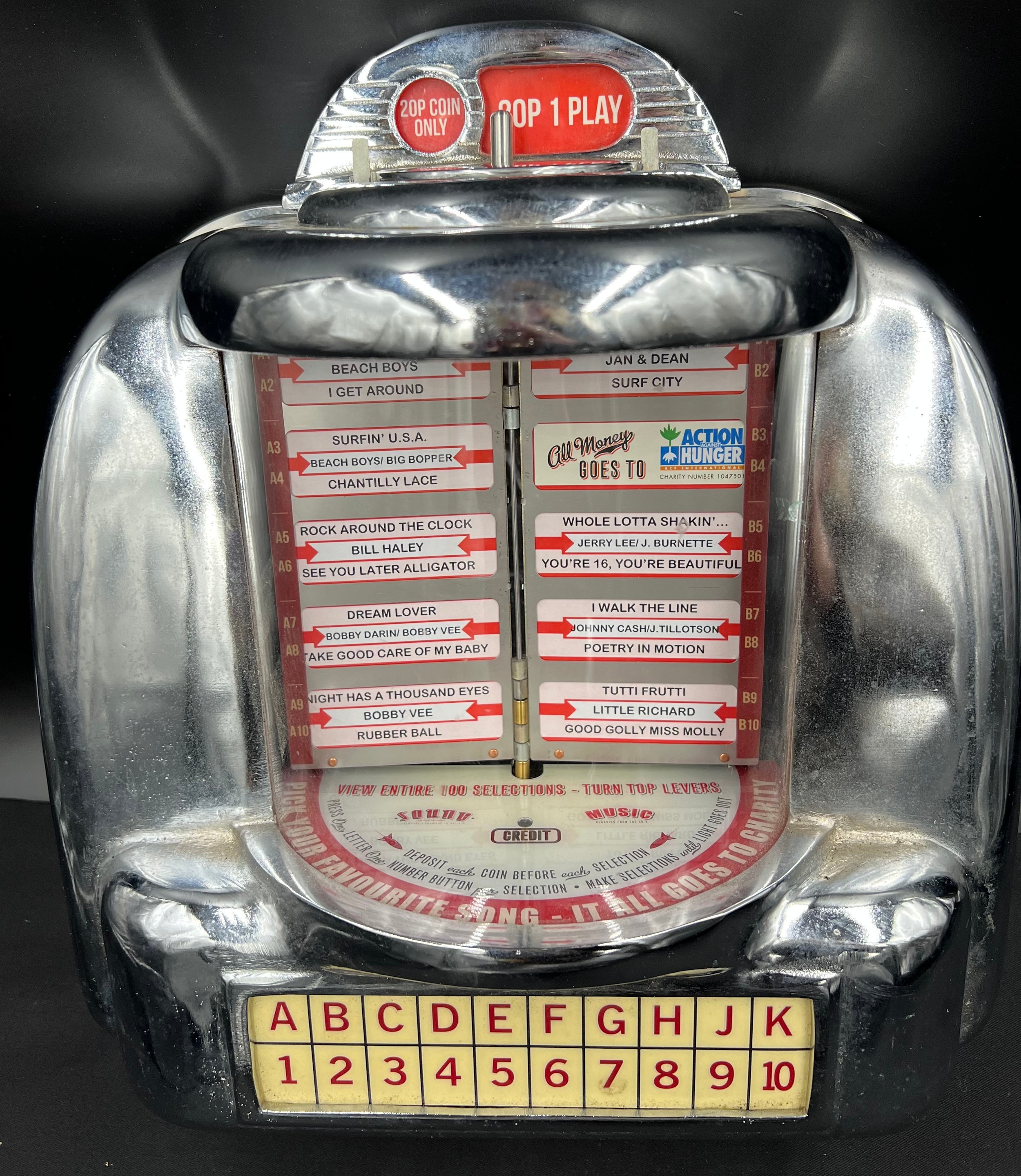 A miniature coin operated wall mounted chrome jukebox. 35cm h x 31cm w. - Image 3 of 3