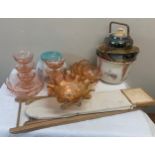 Miscellany to include glass dessert bowls, glass light shade, carnival glass bowl, ironing board,