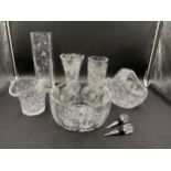Cut glass to include 3 x vases, tallest 20cm h, a basket 17cm h, bowl 23cm d together with a tall