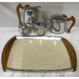 Picquot ware 5 piece tea set to include teapot, hot water pot, cream jar and sugar bowl with tray.