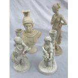 Two Copeland figurine candlesticks 'Summer' and 'Autumn' 30cm h, together with two resin figurines.