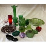 Selection of glass to include 2 x Victorian pressed green glass goblets 14cm h, frog 9.5cm h, bark