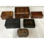Six wooden boxes of various design and style to include a walnut veneered music box, an inlaid