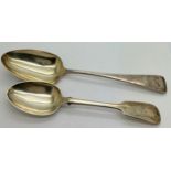 Two silver spoons London 1801 maker WS and London 1855 Charles Boyton. Weight 101gm. Initialled.