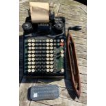 A vintage cased Roll's Razor, A vintage Burroughs mechanical calculator adding machine, a mahogany