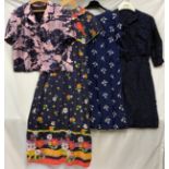 A selection of vintage clothing to include a silk pink and navy short sleeved jacket, navy and multi