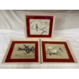 Three Chinese, glazed hand painted silks of birds and foliage in original frames. 20 x 25cm,