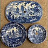 Three 19thC blue and white transfer printed ceramics to include 2 x draining plates and a dish.