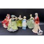 Five Royal Doulton figurines to include; Lynne HN2329, Sarah HN 3384 21cm h, Fair Lady 2193,Top O'