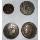 A George III crown 1818, shield back, George III 1817 shilling, George V half crown 1913 and 1926.