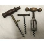 Three assorted corkscrews, Hercules beech handled 15cms l, Coney's patent brass stem 16cms l and a