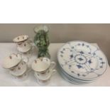 A boxed lot of ceramics to include 6 Royal Copenhagen plates 22.5cm d, coffee cups and glass vase.