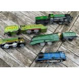 A collection of vintage clockwork tinplate railway trains, 393, Eton 900, 4463, 10138, 4482 etc.