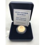 A 2002 Guernsey Queen Mother Memorial Gold Proof £25 Coin. Case and certificate of authenticity.