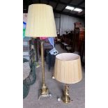 Two brass lamps and silk shades, one standard lamp, one table lamp. Standard lamp to top of column