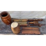 Vintage tools to include brass/wooden spirit levels, barrel etc.