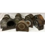 Eleven wooden mantel clock cases. Spares/repairs.Condition ReportAge related wear missing parts,