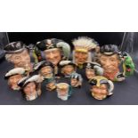 A collection of 13 Royal Doulton toby jugs, 4 x large to include Long John Silver D6335, 18cm h, The
