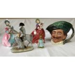 Five character figurines: Toby jug of a cavalier, Royal Doulton 'Spring Morning' and 'Autumn