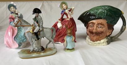 Five character figurines: Toby jug of a cavalier, Royal Doulton 'Spring Morning' and 'Autumn