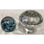Two glass paperweights, one multi coloured mushroom 10cm h, the other a Mdina Malta blue and white