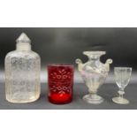 Five glass items to include an etched jar with screw stopper 18cm h, red christening beaker 'For a