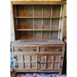Peter Heap Rabbitman oak Dresser raised back with open shelves, two drawers and cupboards under, and