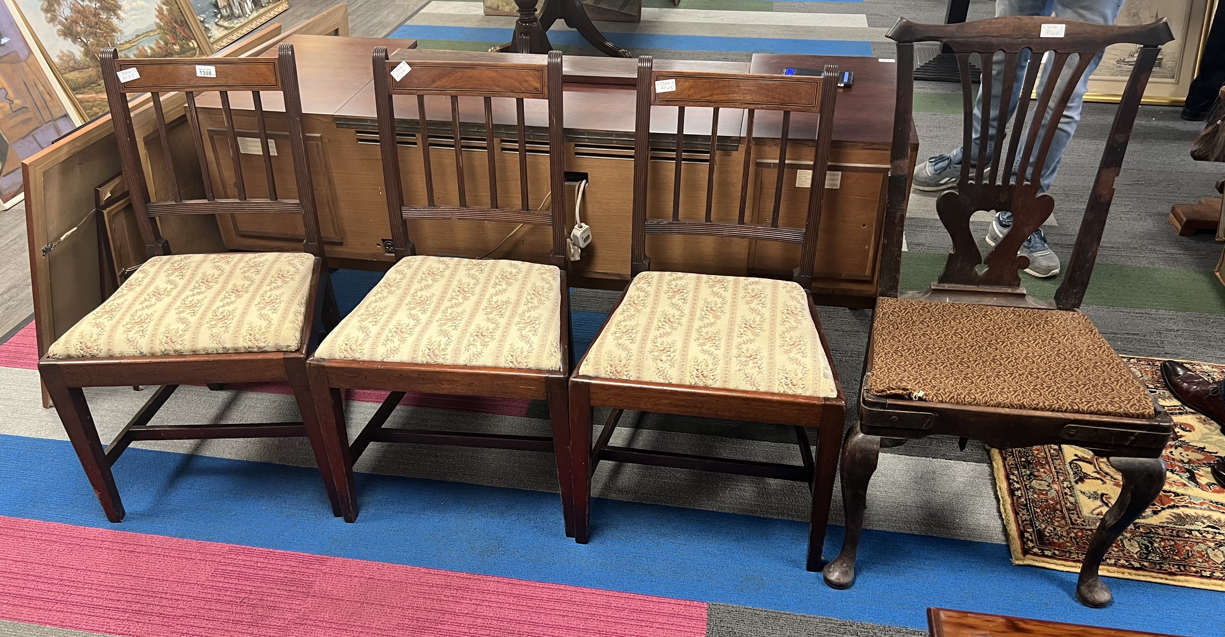A set of 3 mahogany square taper leg chairs with inlaid stretcher and drop in seats, one slat back