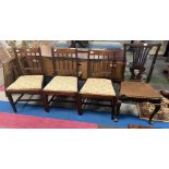 A set of 3 mahogany square taper leg chairs with inlaid stretcher and drop in seats, one slat back