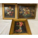 Three framed floral studies, oils on board. One signed J Brandt lower right. Sizes: 28 x 37cm, 27.