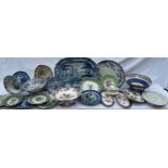 A quantity of 19thC Copeland and Spode of various patterns to include large meat plate with well and