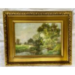 Oil on board of river and woodland scene. Indistinctly signed L.R. 35 x 49cm. Frame La Riviere