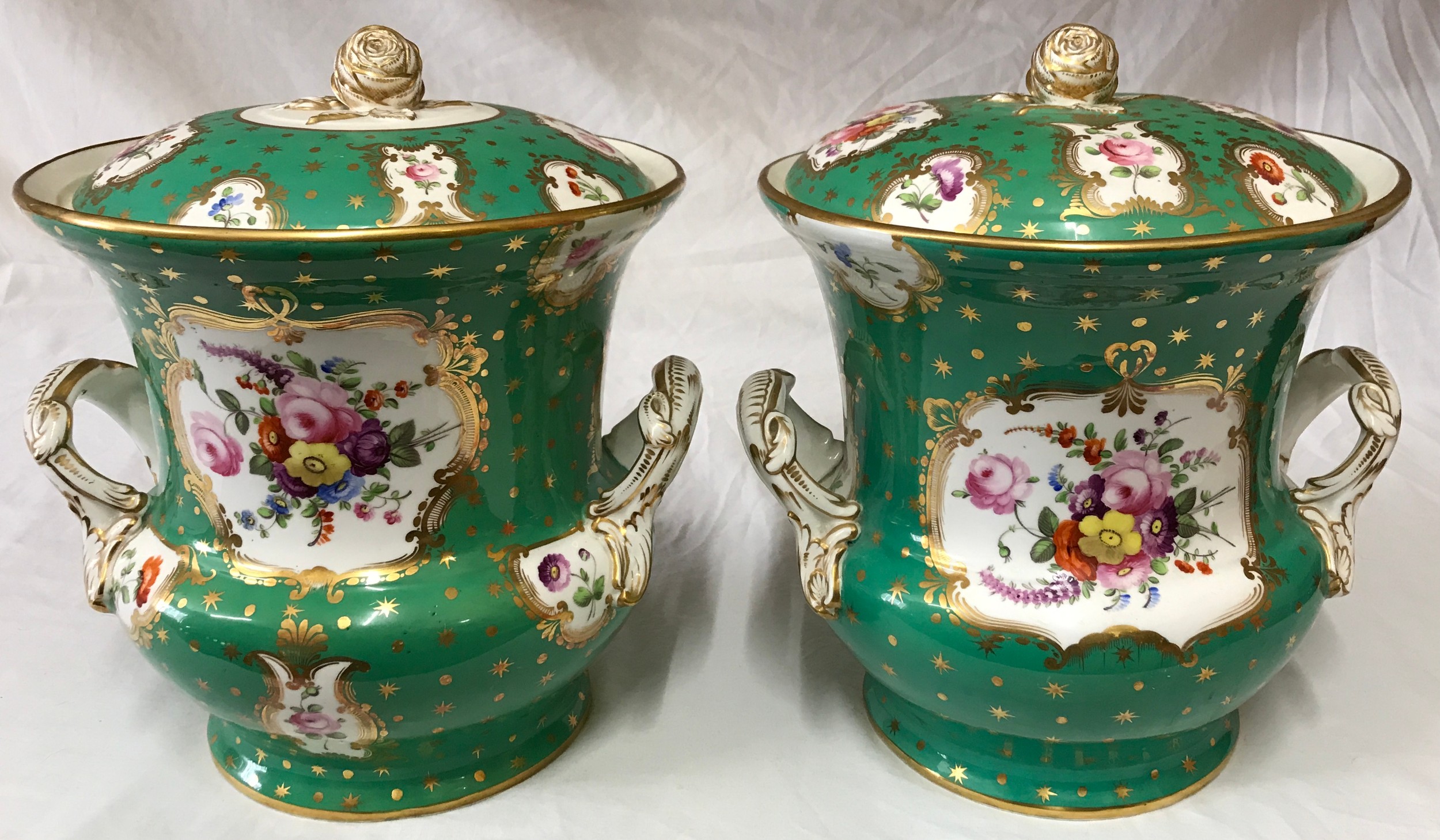 A pair of large 19thC continental ice pails with floral panels on a emerald green and gold - Image 3 of 6