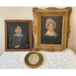 Three 19thC portraits of ladies. Oil on board in gilt frame 29 x 22cm, oil on canvas 29.5 x 24cm and