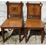 Two 19thC oak hall chairs with initials to back, D, P, T.Condition ReportGood condition.