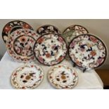 Seven various Masons Ironstone plates together with 2 x Royal Crown Derby A 962 pattern plates.
