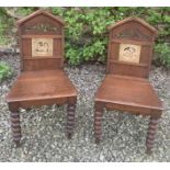 Pair 19thC oak hall chairs with tiled backs, King Lear and Cymbeline.