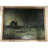 Oil painting on board signed D Newmarch. WW1 night time battle field scene, soldiers in dugouts.
