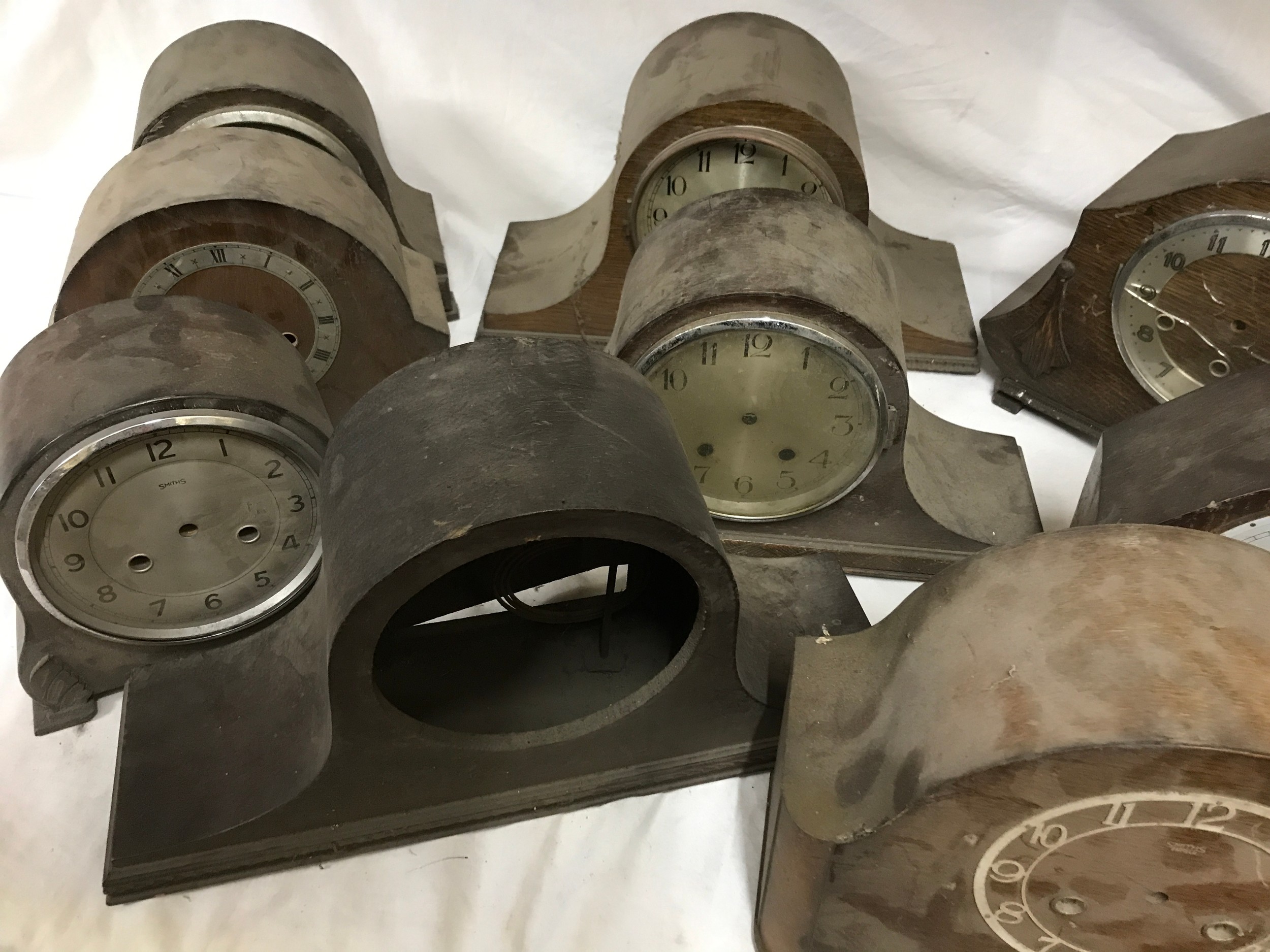 Eleven wooden mantel clock cases. Spares/repairs.Condition ReportAge related wear missing parts, - Image 2 of 3